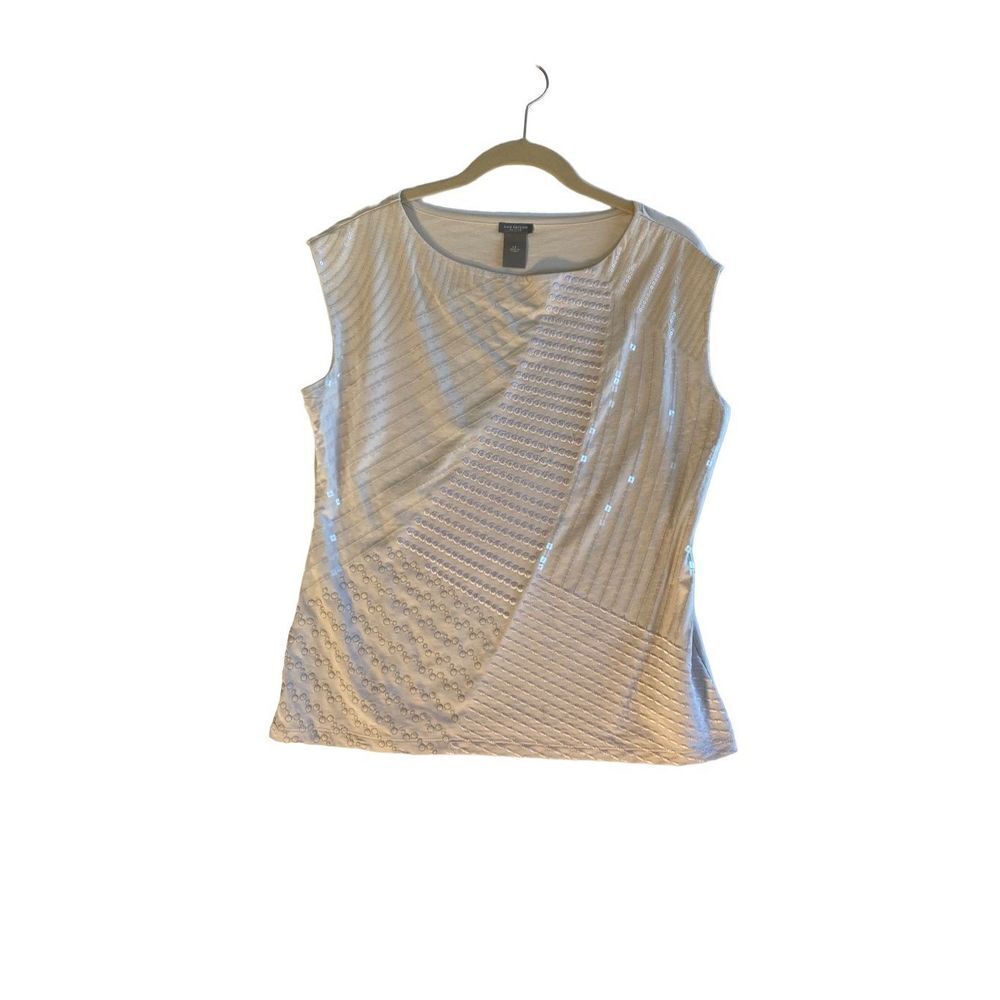 Ann Taylor petites ivory, embellished, sequin, short sleeve top large P